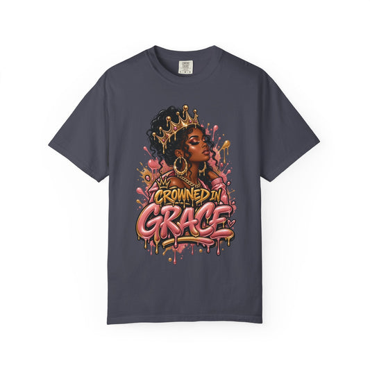 Crowned in Grace t-shirt front design, pink and gold graffiti crown graphic on white tee