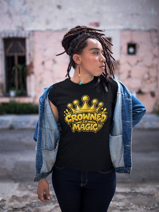 Crowned in Magic Graffiti T-Shirt | Black Girl Magic Crown Tee | Streetwear Graphic Shirt | Front and Back Print | Black Culture Pride Shirt