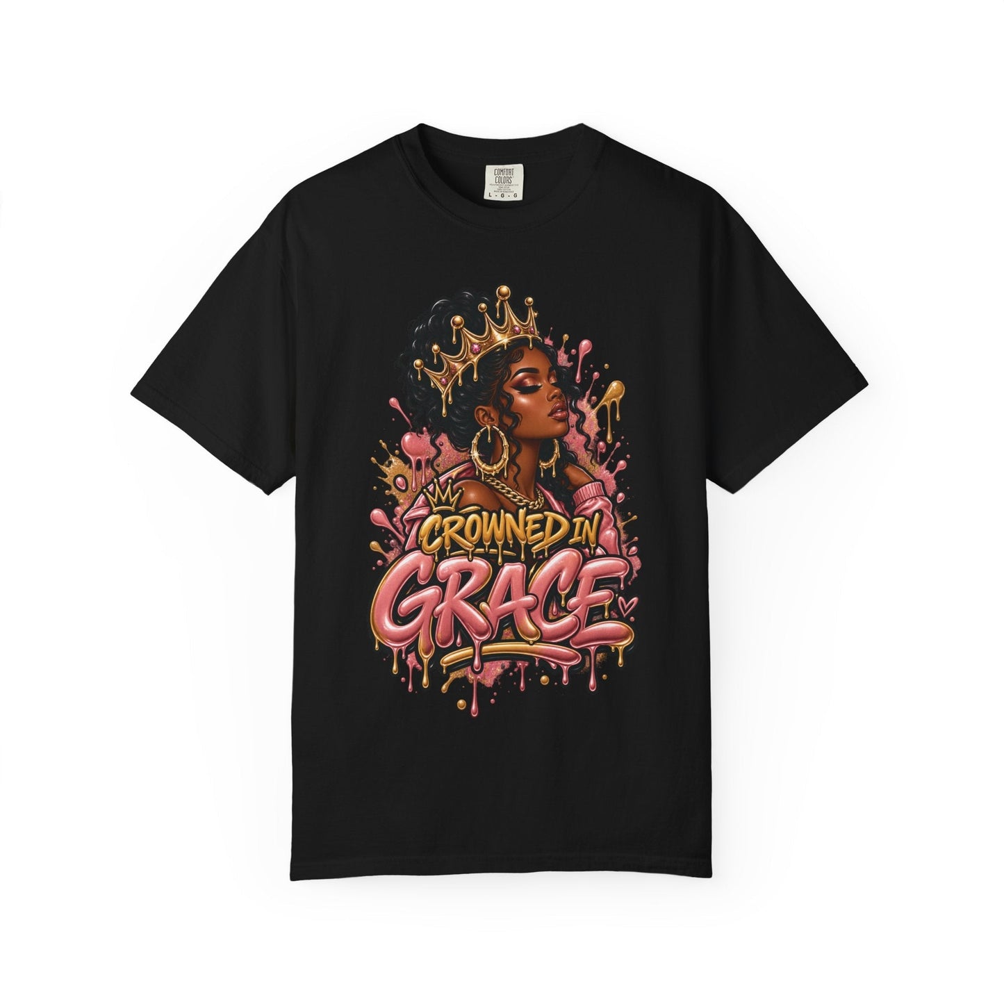 Crowned in Grace t-shirt front design, pink and gold graffiti crown graphic on black tee