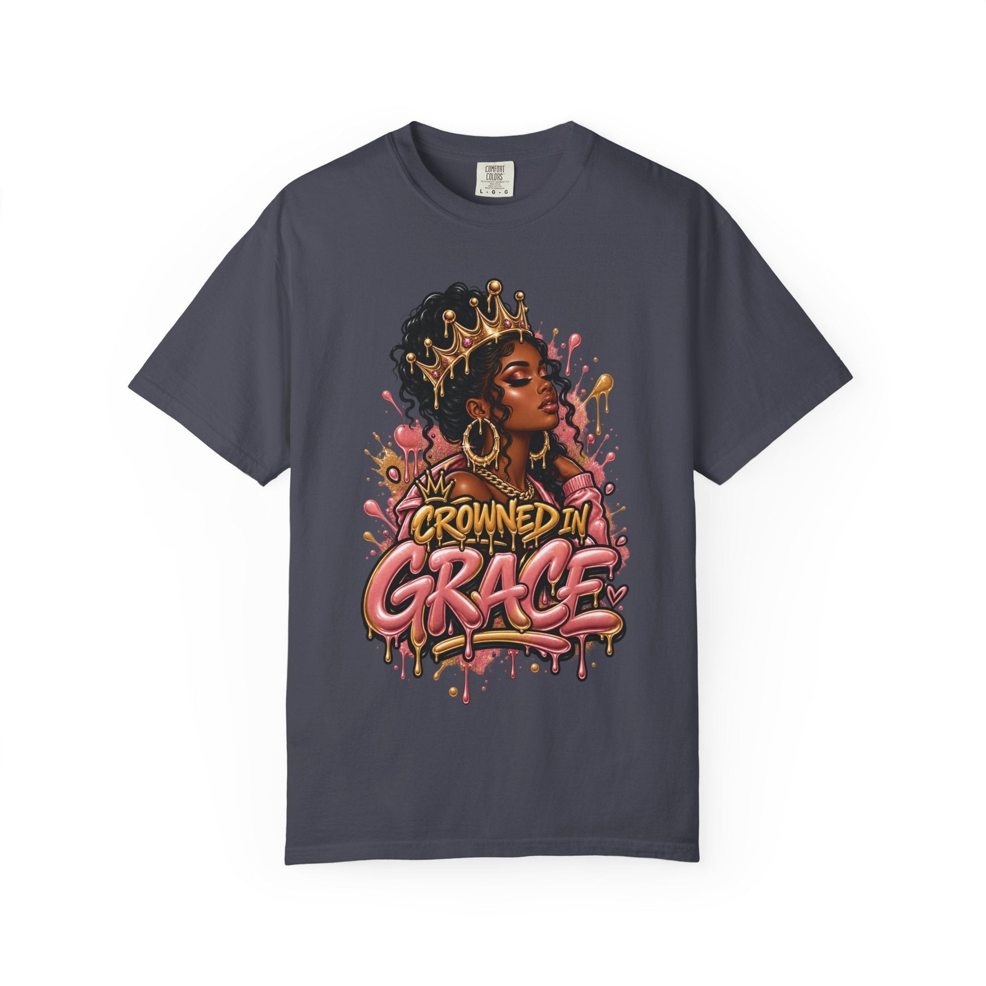 Crowned in Grace t-shirt front design, pink and gold graffiti crown graphic on white tee